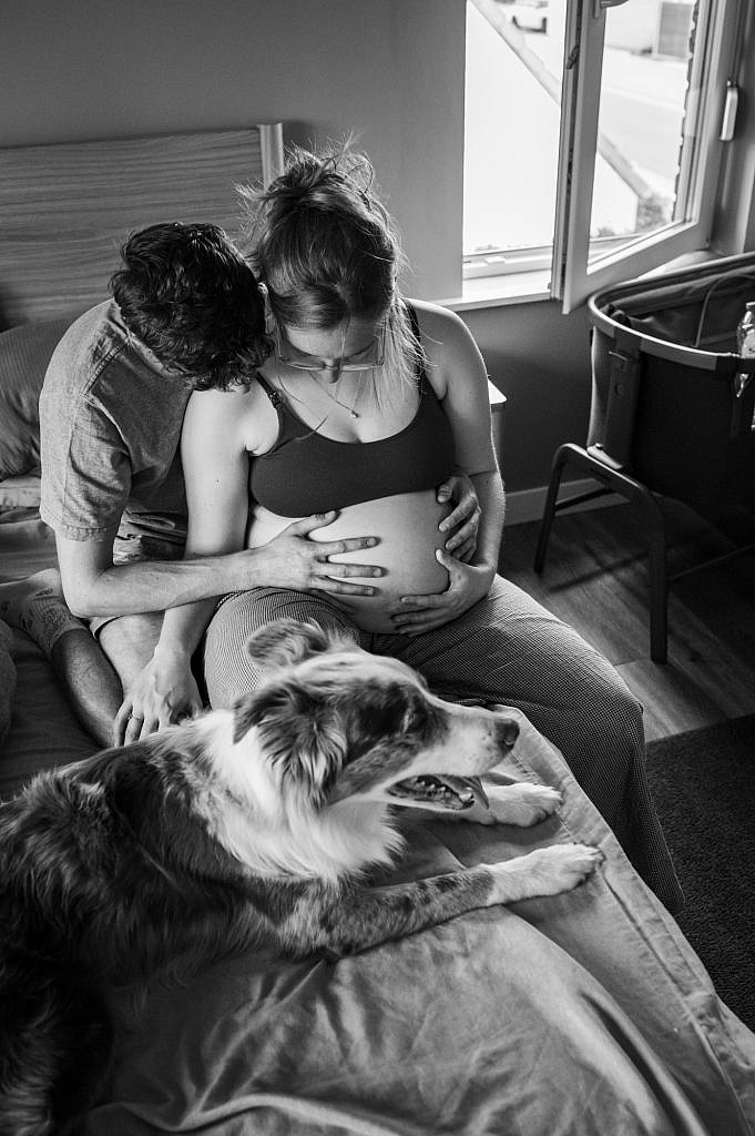 Zwart wit foto van zwangere vrouw met ontblote buik samen met haar partner en hond op het ouderlijke bed bij hen thuis door de lens van Nele Martens zwangerschaps fotograaf uit Lievegem.